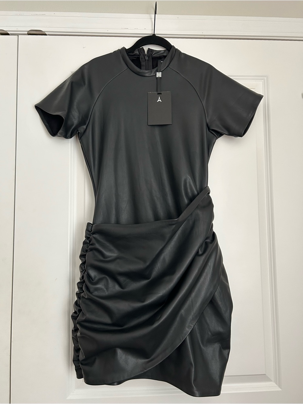 Maniere De Voir Black Faux Leather Ruched Side Mini Dress